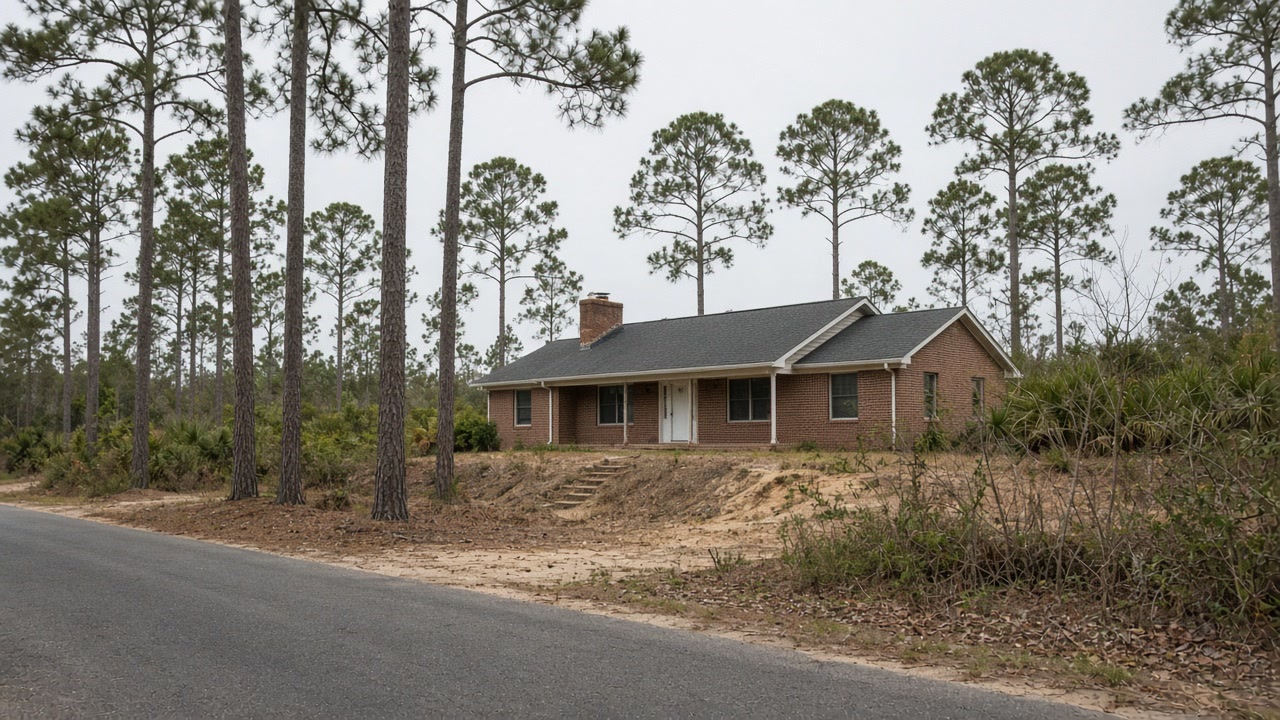 Single-story brick ranch on sandy ground among tall slash pines under overcast sky