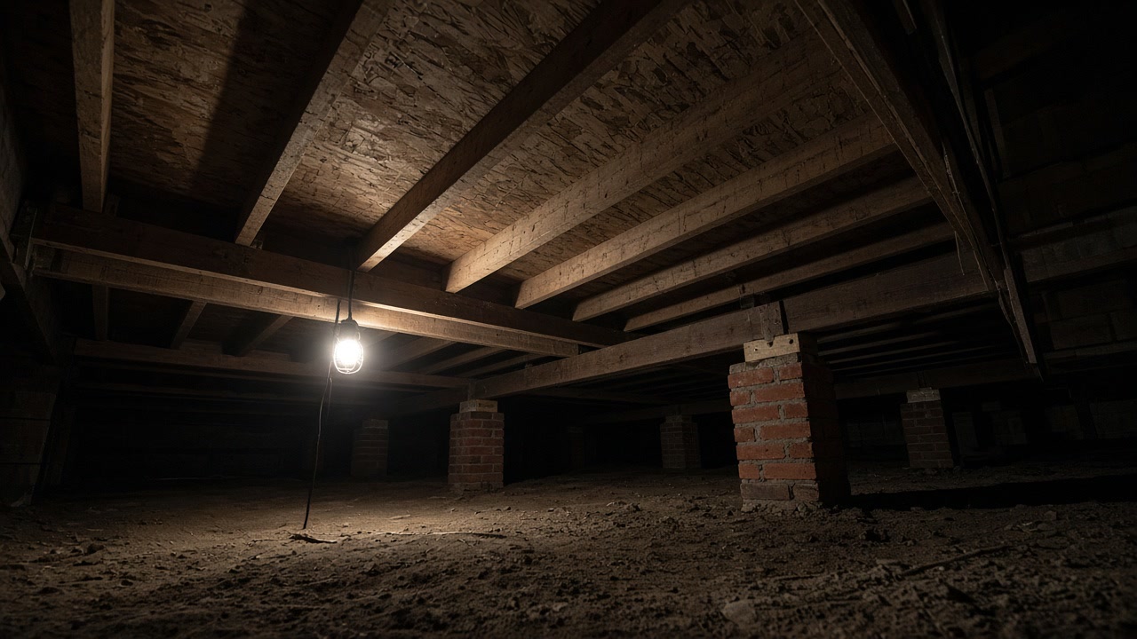 Crawlspace under a raised house with brick piers, floor joists and a hanging work light