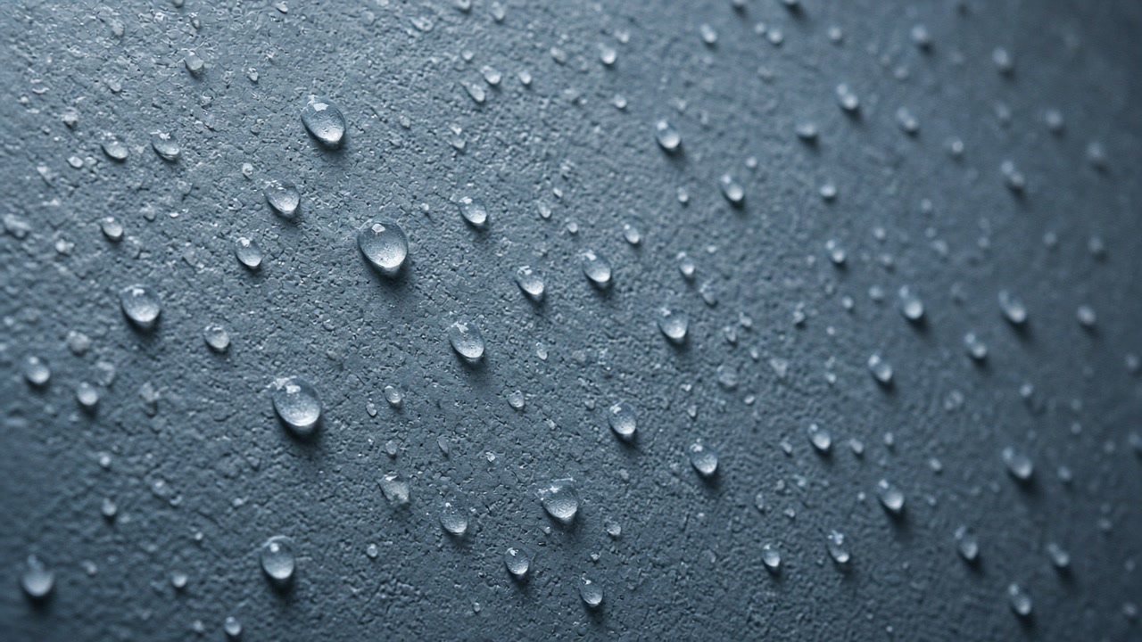 Macro beads of condensation on a dark textured painted surface