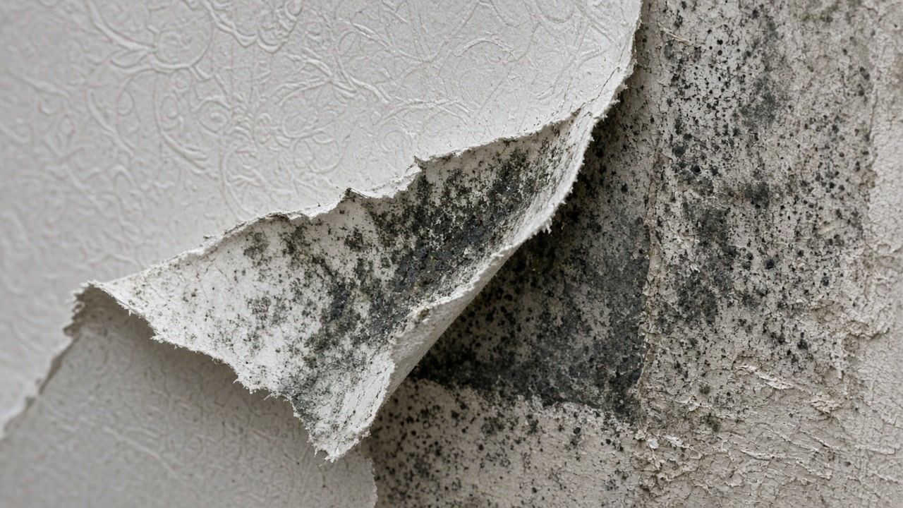 Peeling patterned wallpaper revealing dark mottled growth on the reverse and wall face