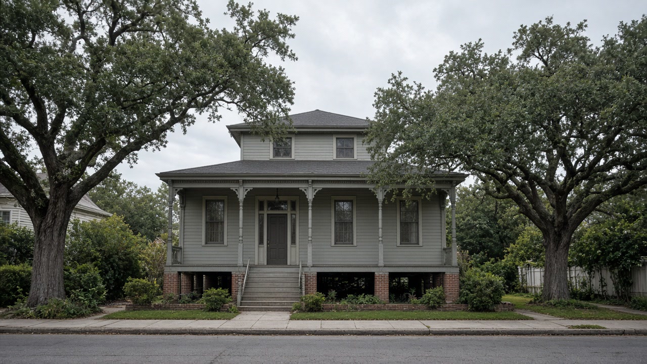 Raised sage-green New Orleans cottage on brick piers under live oaks on an overcast street