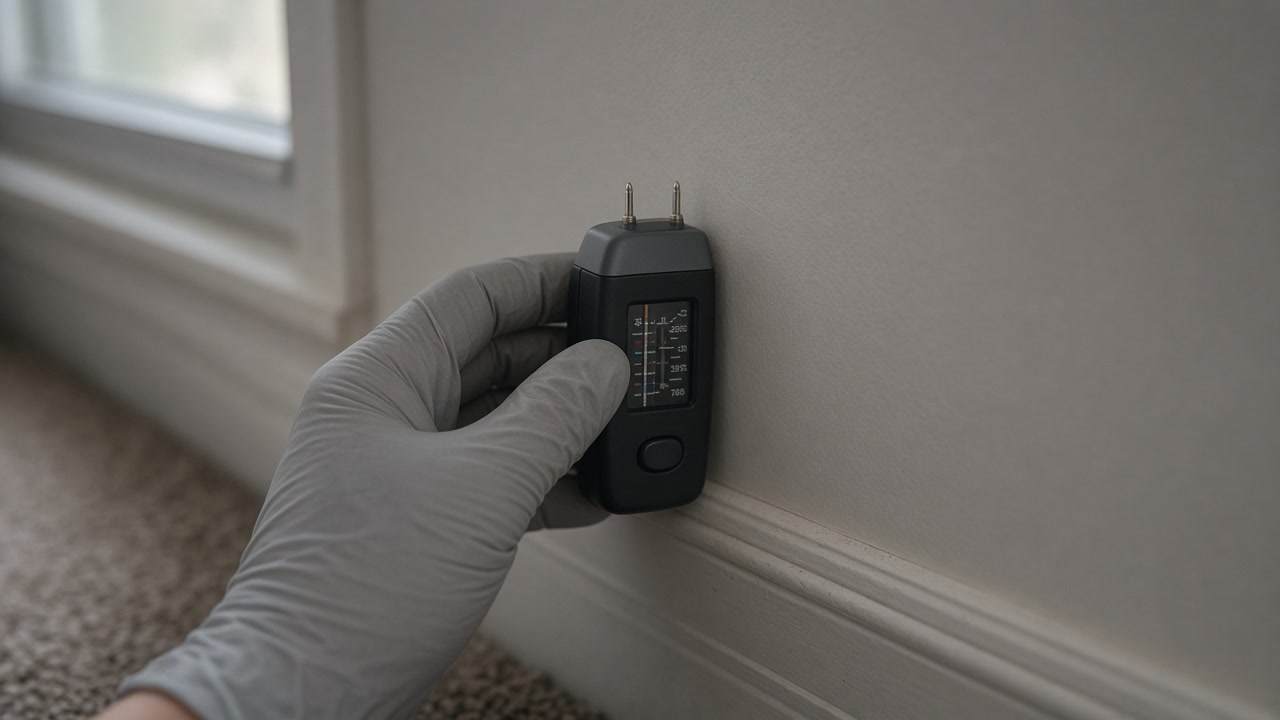 Gloved hand pressing a pin-type moisture meter against a wall just above the baseboard