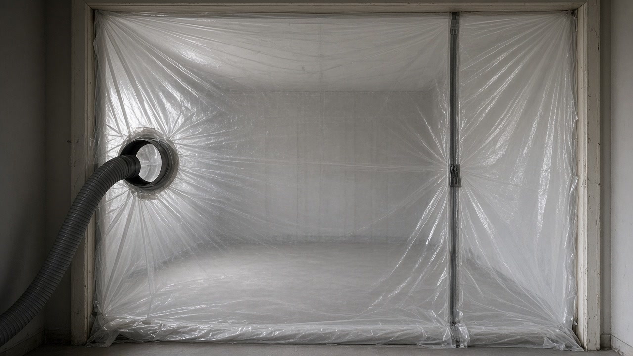 Clear poly containment sealed across a doorway with a zipper door and negative-air duct