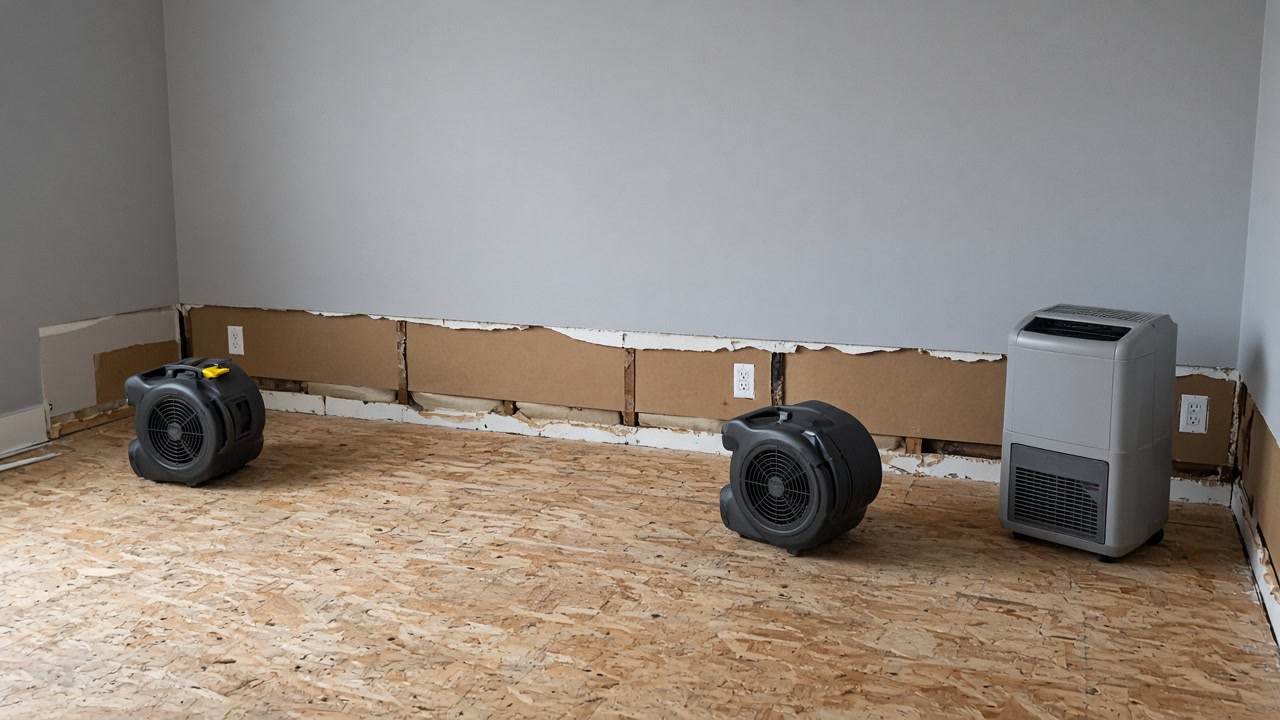 Two air movers and a dehumidifier on OSB subfloor with drywall cut back along the lower wall